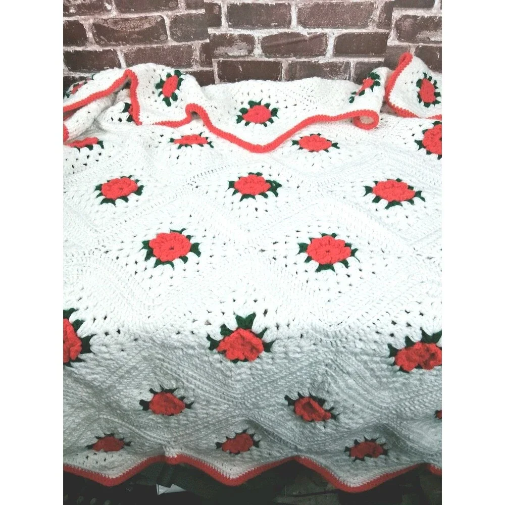 Vintage White Red Crochet Throw Blanket Lap Granny Square 62X62 Homemade Roses